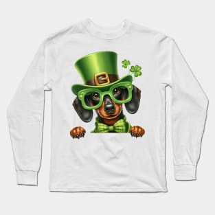 St Patricks Day Peeking Dachshund Dog Long Sleeve T-Shirt